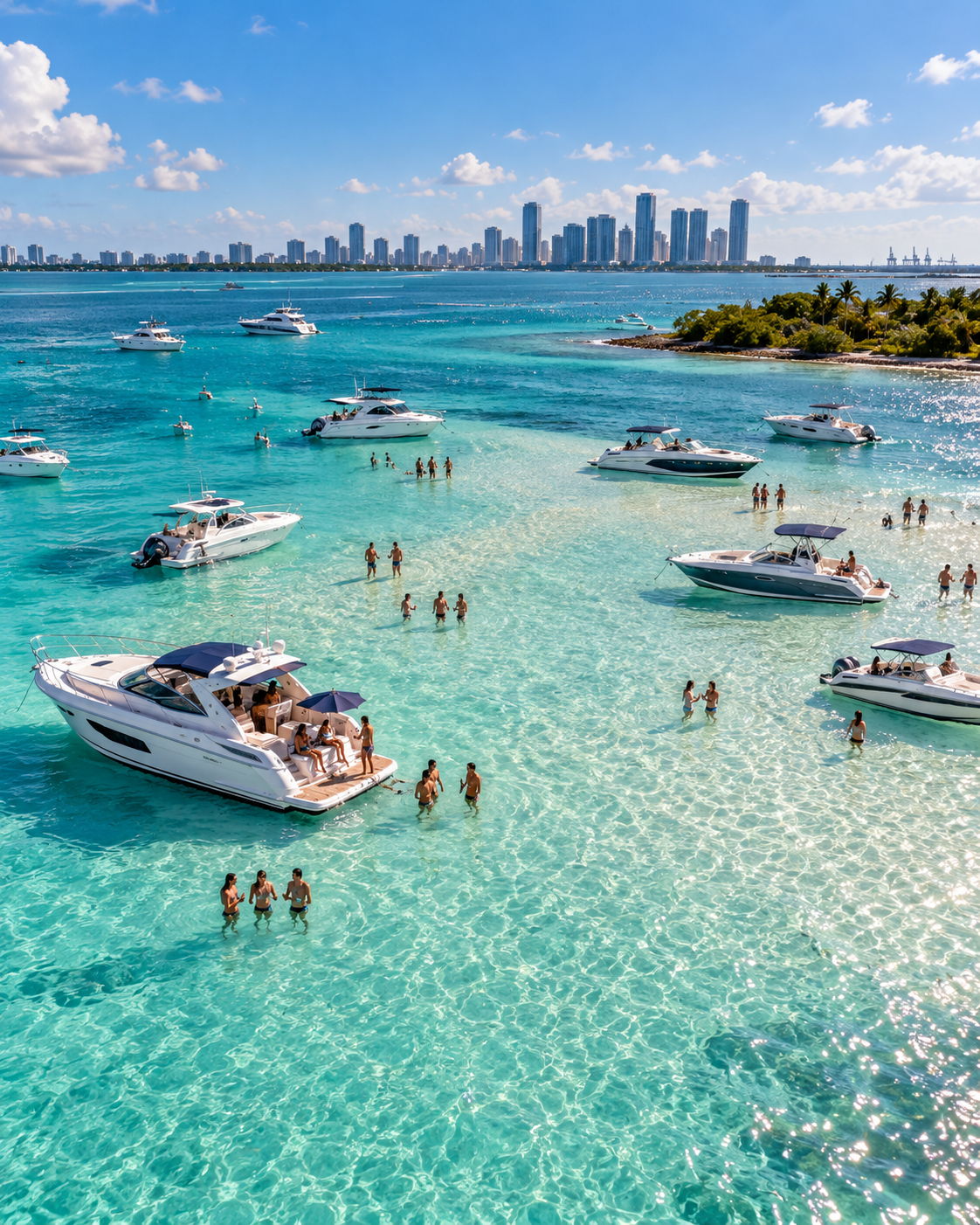 Boats gathering in shallow turquoise Biscayne Bay water
