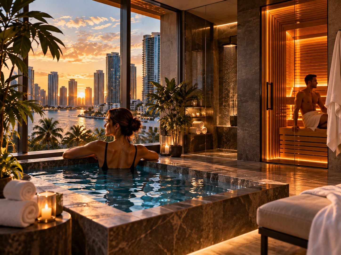 Modern recovery spa with plunge and sauna overlooking Brickell