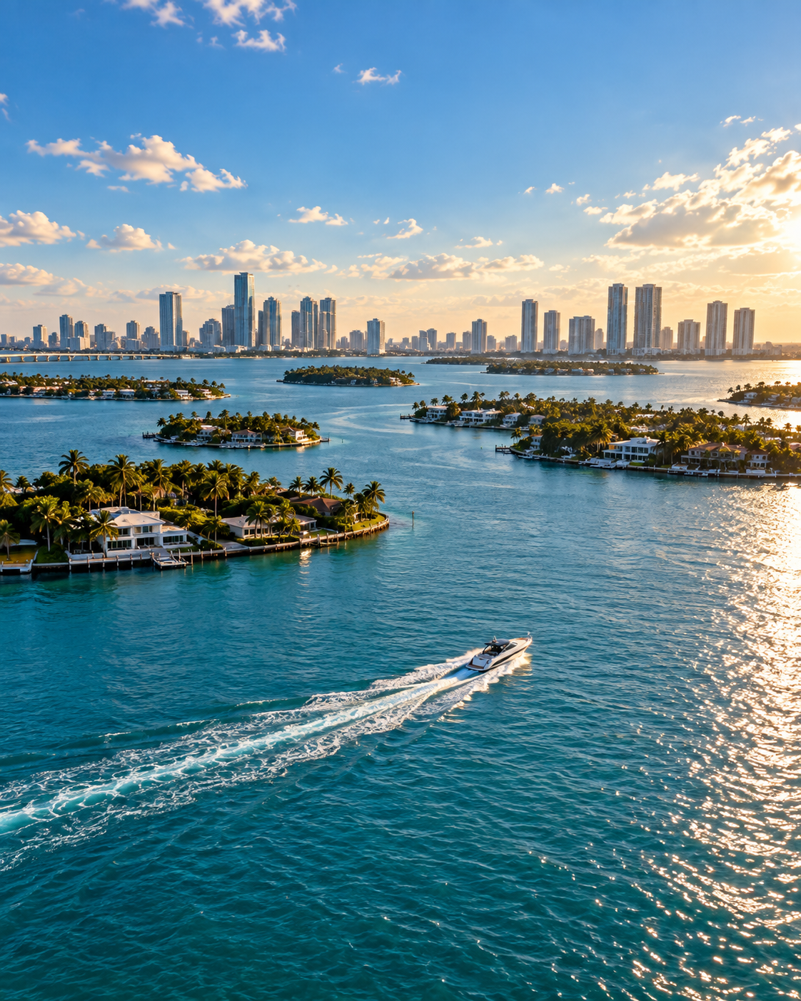 Boat moving through the islands between Miami and Miami Beach