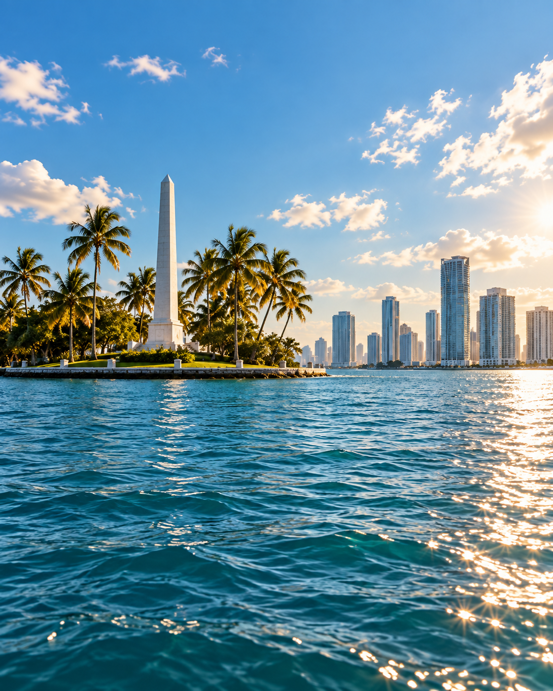 Warm Biscayne Bay boating scene with Miami skyline