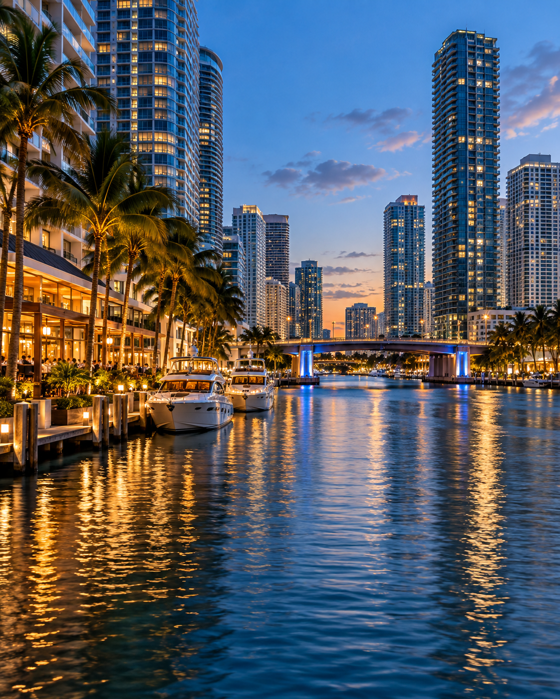 Miami River beside Brickell with boats, restaurants and towers