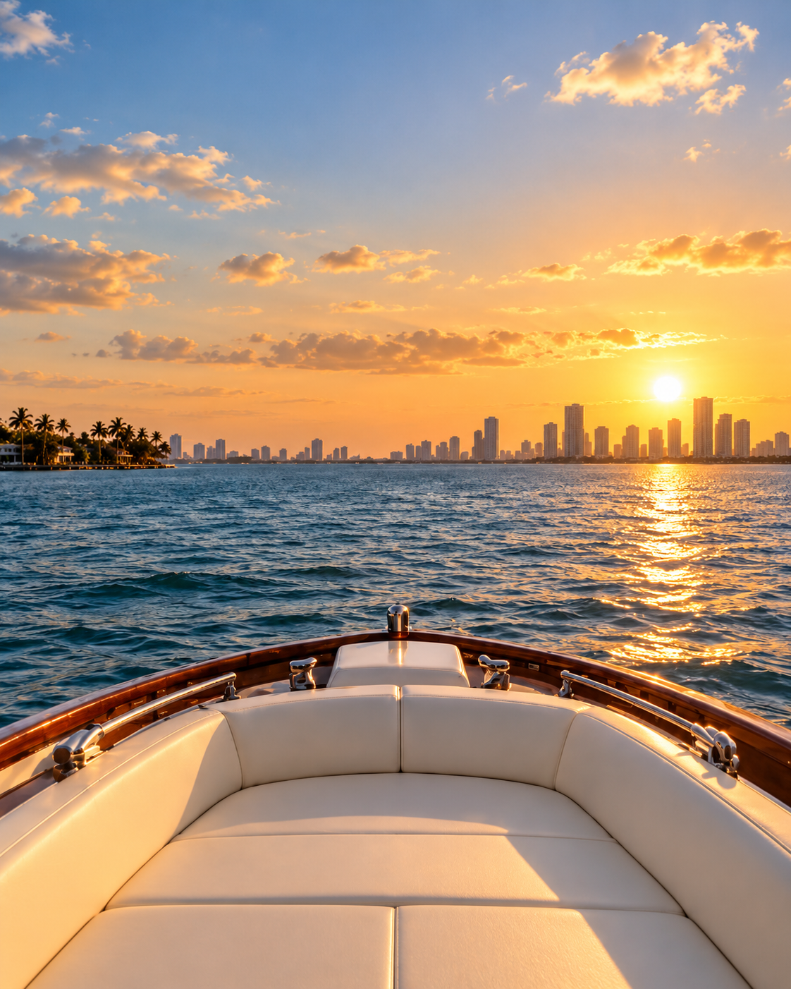 Luxury boat on Biscayne Bay at golden hour